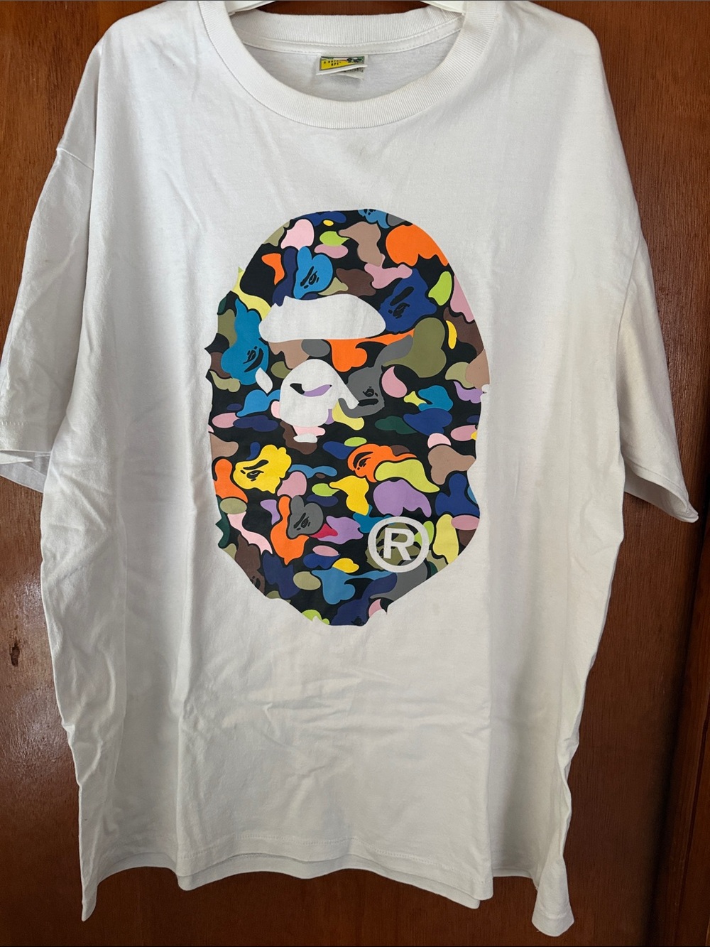 Bape White Tee with Multicolor Camo Ape Head
